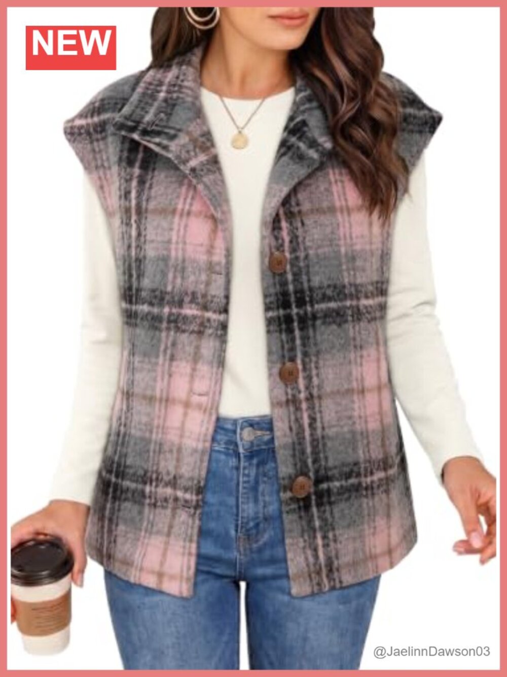 Oversized Plaid Vest Tops Cap Sleeve Coats Button Front Layering